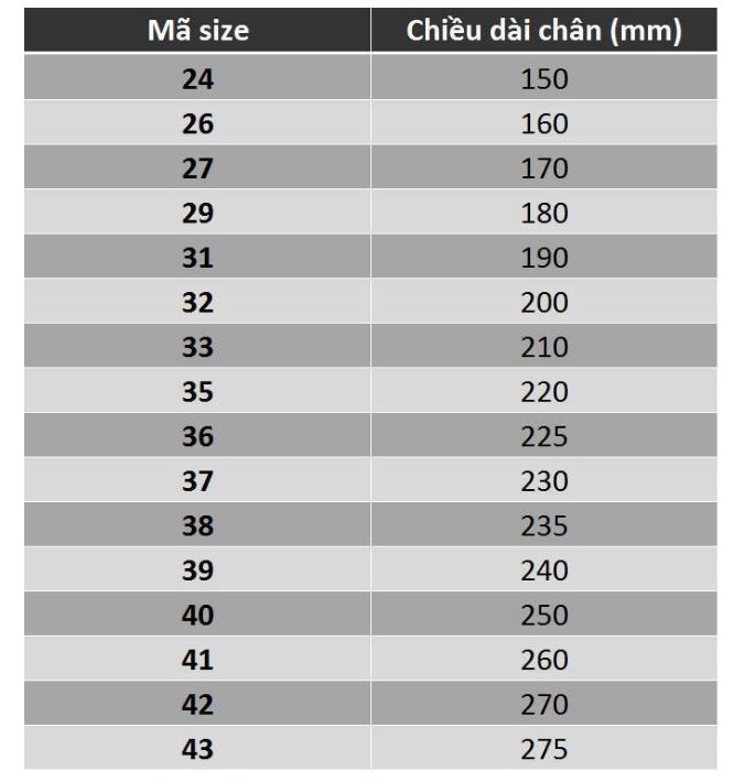 bảng size giày